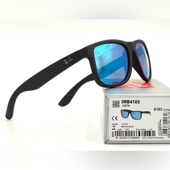 Polarized Ray-Ban Sunglasses Justins Rb4165 622/55 Black Blue Mirror 54-16-145